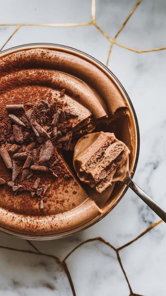 a finished mocha biscuit pudding, dusted with cocoa powder and topped with delicate chocolate shavings