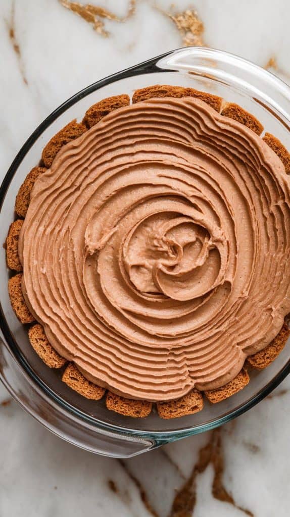 a covered glass dish filled with layered mocha biscuit pudding, ready to chill in the fridge.