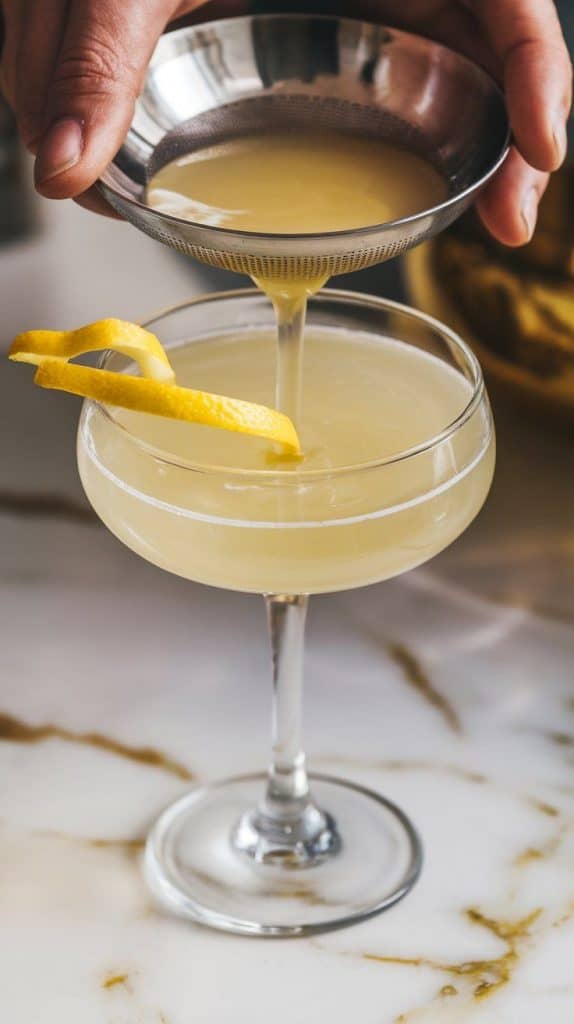 pale yellow cocktail being strained into a coupe glass, a lemon twist added gently to the rim