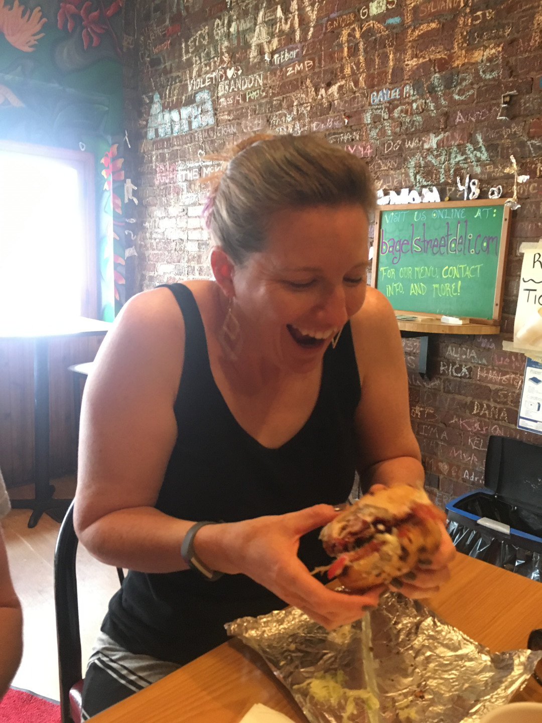 Me emoting over Kim's Craving sandwich at Bagel Street Deli this weekend (it contains bacon - my expression is appropriate)