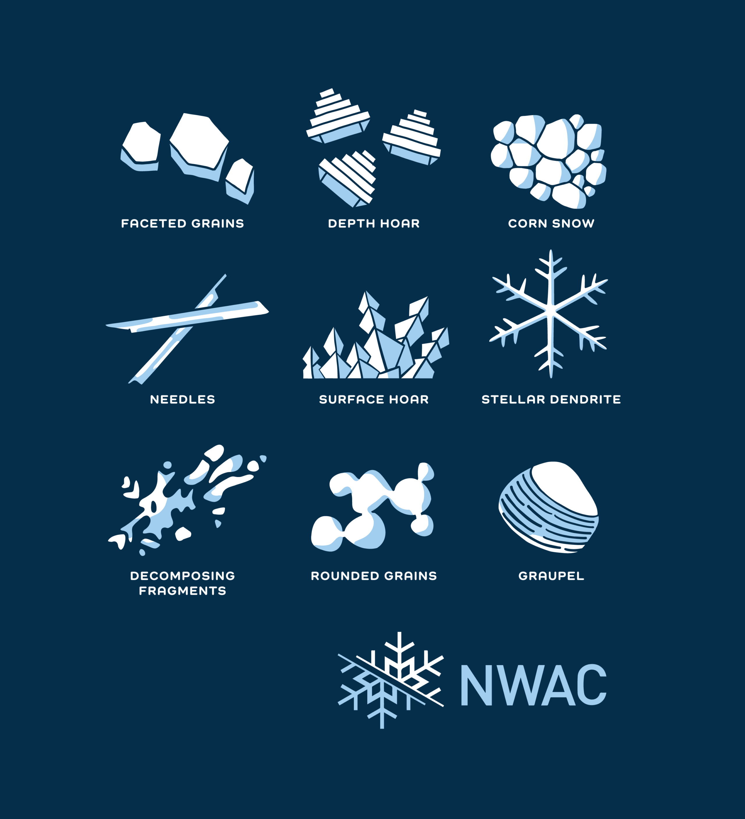 custom illustration showing nine states of decomposing and metamorphosing snow