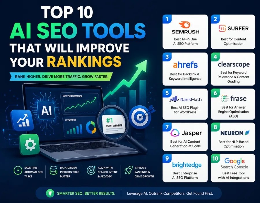 AI SEO tools infographic showing top 10 platforms to improve search rankings and organic traffic