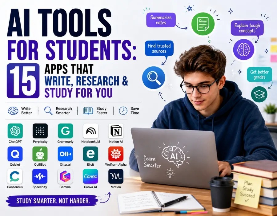 AI Tools for Students displayed alongside a student using AI-powered apps for writing, research, note-taking, and exam preparation on a laptop.