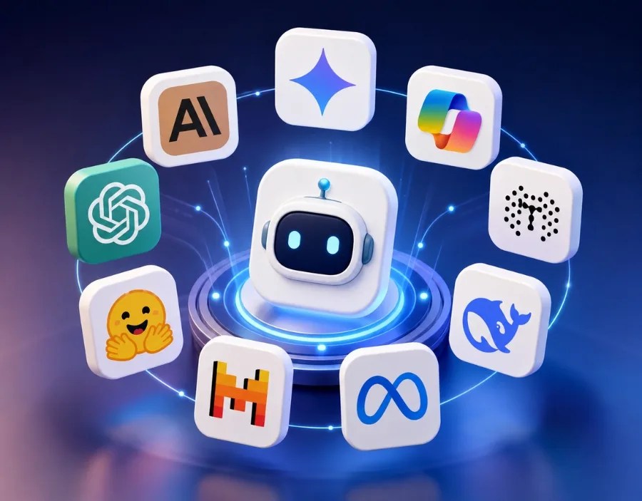 ChatGPT alternatives and free AI chatbot tools displayed in a futuristic 3D digital workspace interface