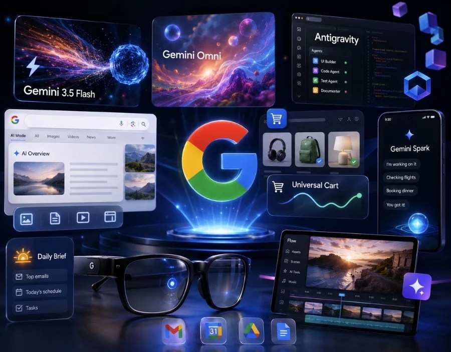 Google I/O 2026 futuristic AI showcase featuring Gemini 3.5 Flash, Gemini Omni, AI Search, Universal Cart, Android XR glasses, and Google AI tools.
