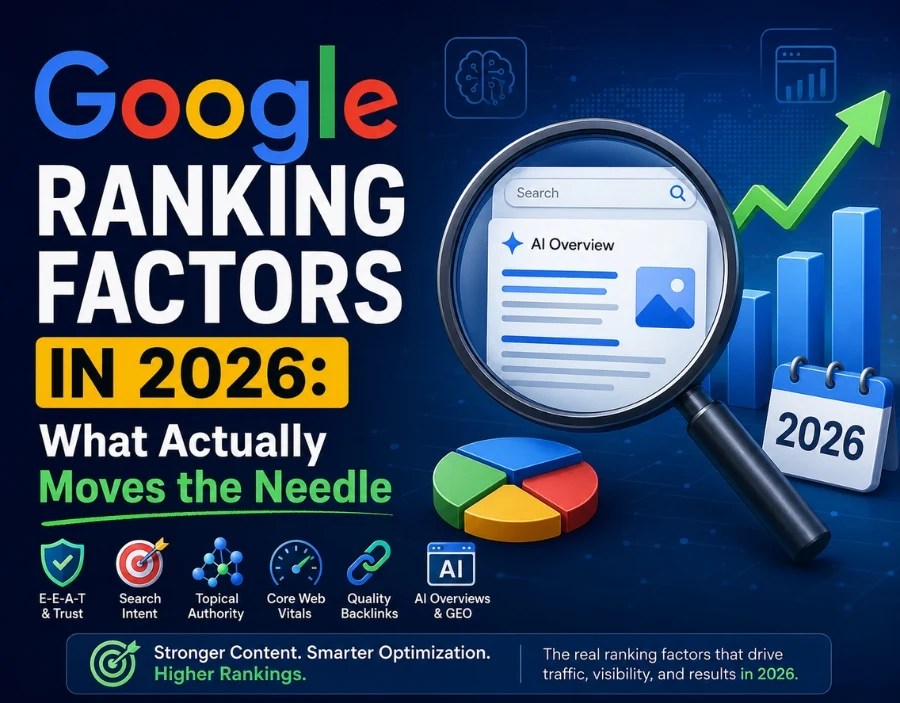 Google Ranking Factors in 2026 infographic showing AI Overviews, SEO ranking signals, E-E-A-T, topical authority, backlinks, and Core Web Vitals.