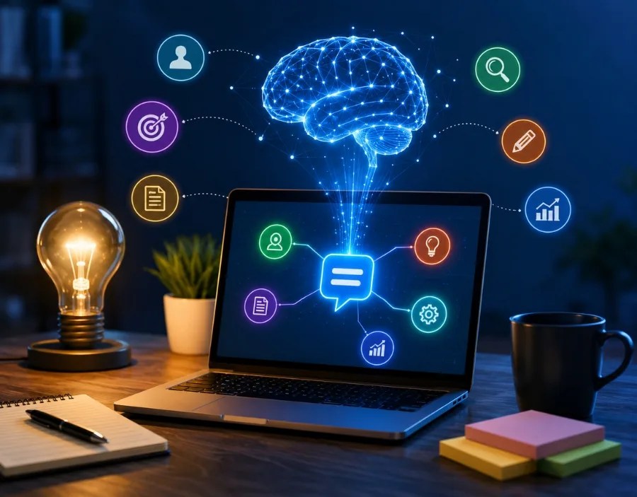 Prompt Engineering Guide showing AI prompting workflow on a futuristic laptop workspace