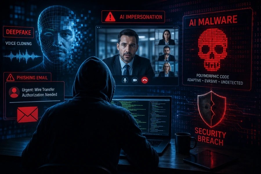 AI-driven cyberattacks featuring deepfake impersonation and AI malware