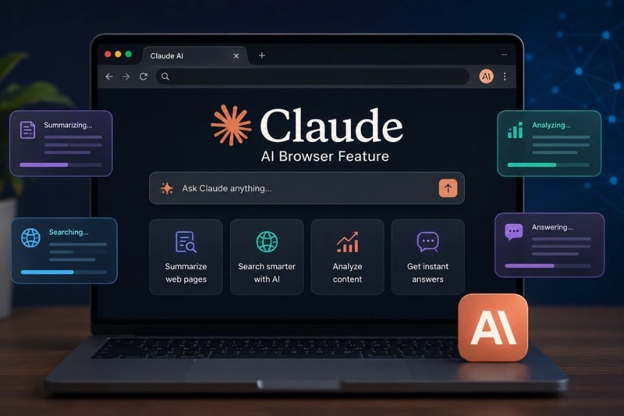 Claude AI browser feature showing AI-powered web browsing, search, analysis, and summarization