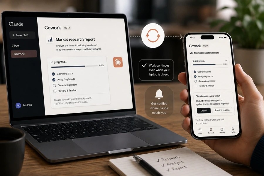 Claude Cowork mobile running AI tasks across laptop and phone