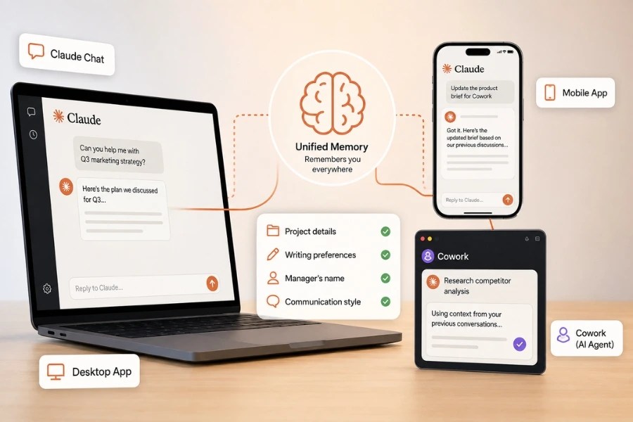 Claude AI memory update showing unified memory across Claude Chat, Cowork, desktop, and mobile apps