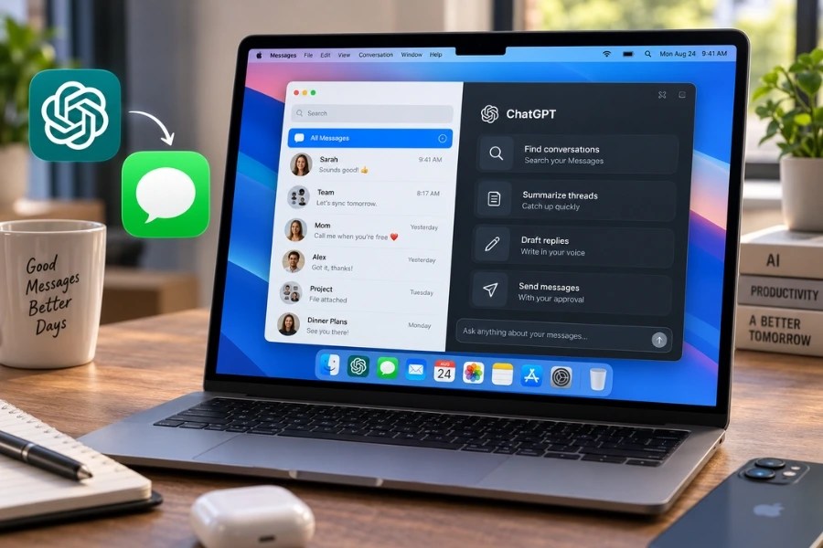 ChatGPT app icon next to Apple Messages icon on a MacBook screen
