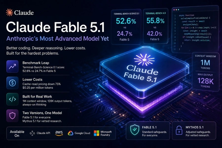 Claude Fable 5.1 AI model with benchmark gains, lower costs, and 1M-token context window