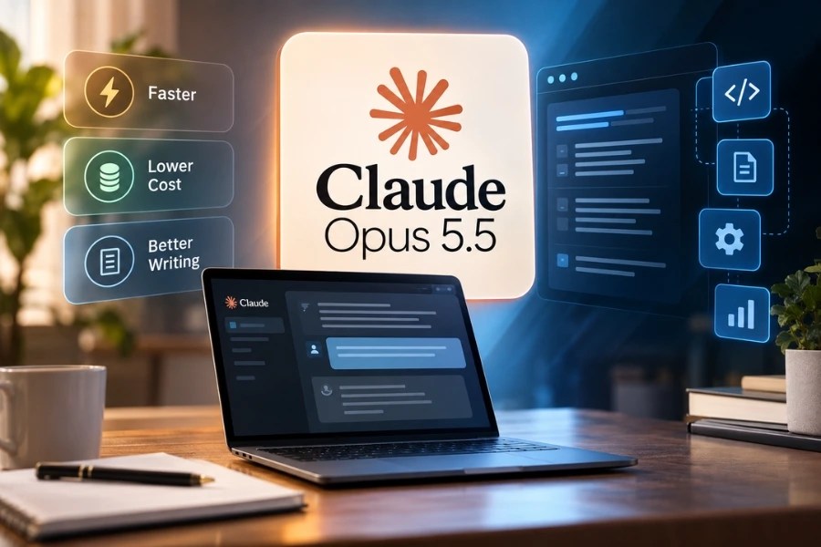 Anthropic Claude Opus 5.5 logo on dark background, representing the new AI model launch
