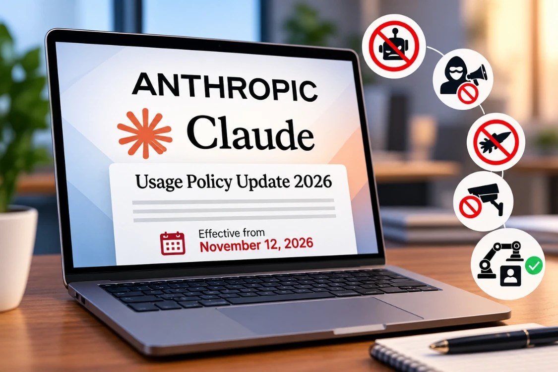 Anthropic Usage Policy Update 2026 - Policy document beside a calendar page marked November 12, representing the Anthropic 2026 usage policy update