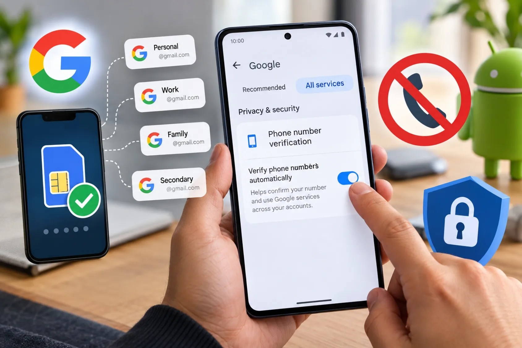 Google phone number verification on Android settings screen with the Verify phone numbers automatically toggle