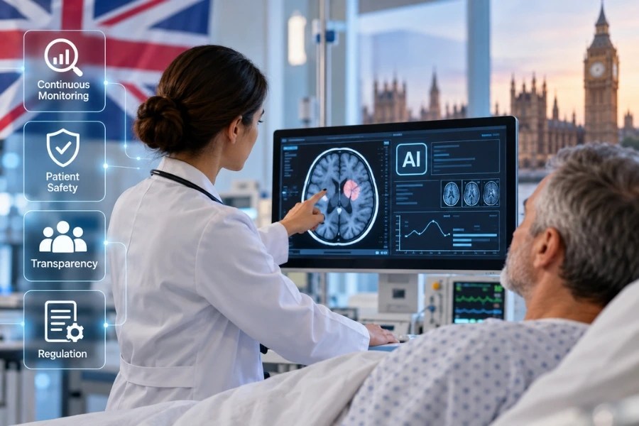 Monitor AI in Healthcare - Clinician reviewing an AI medical tool on a screen while a patient waits, showing UK monitoring of AI in healthcare