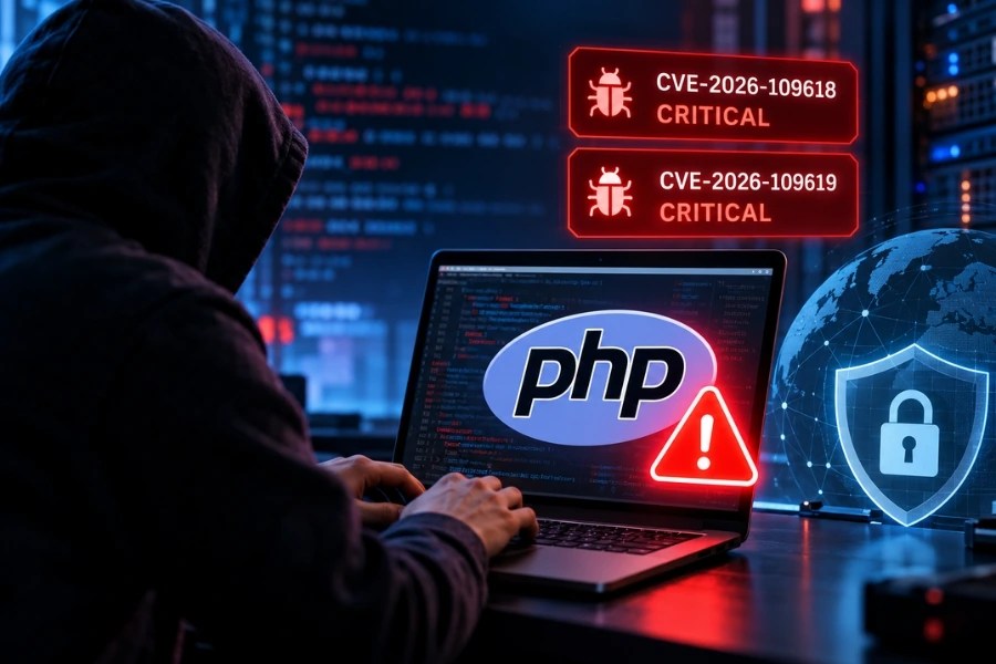 PHP2Shell vulnerability warning shown over PHP code on a web server screen