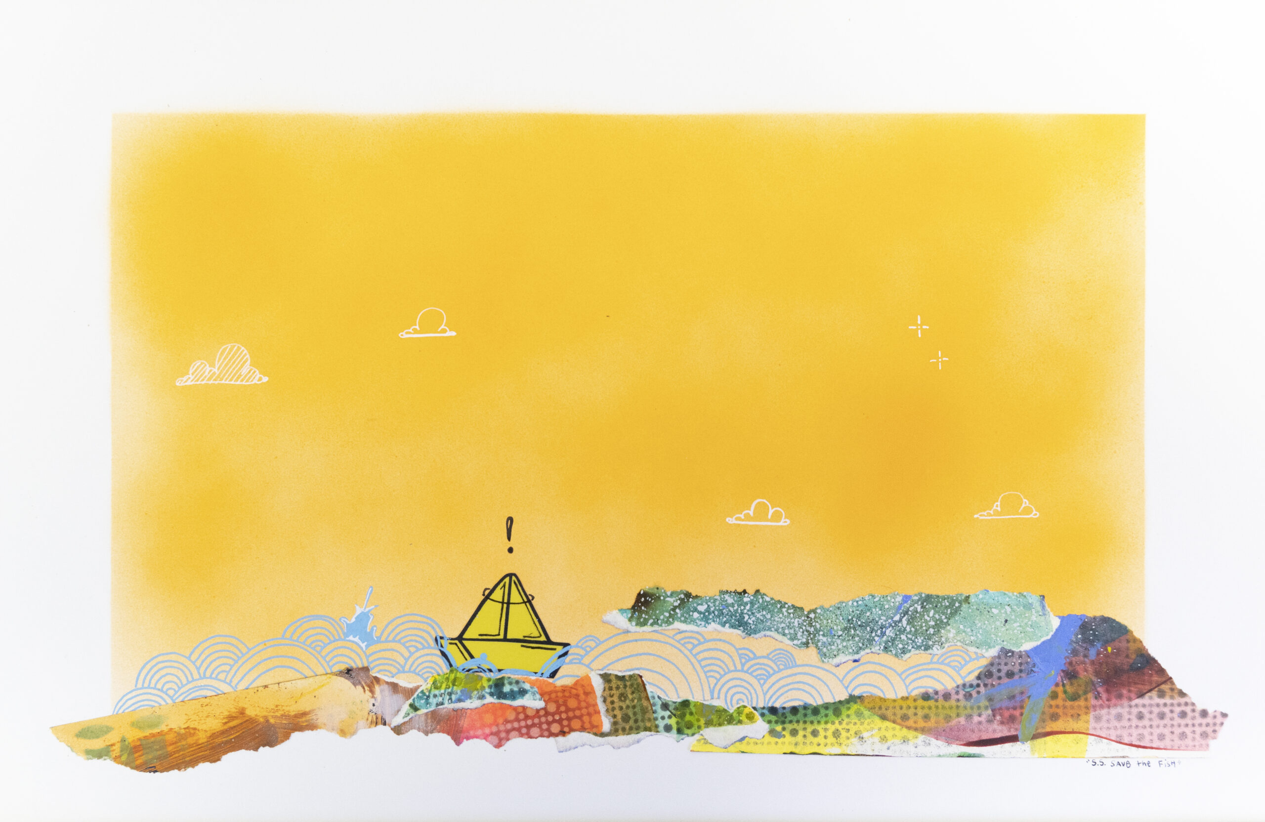 Yellow Boat mixed media spray paint painting
