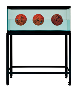 Three Ball 50/50 Tank (Two Dr. J Silver Series, Wilson Supershot) glass, steel, distilled water, three basketballs 60 1/2 x 48 3/4 x 13 1/4 inches 153.7 x 123.8 x 33.7 cm Edition of 2 © Jeff Koons 1985