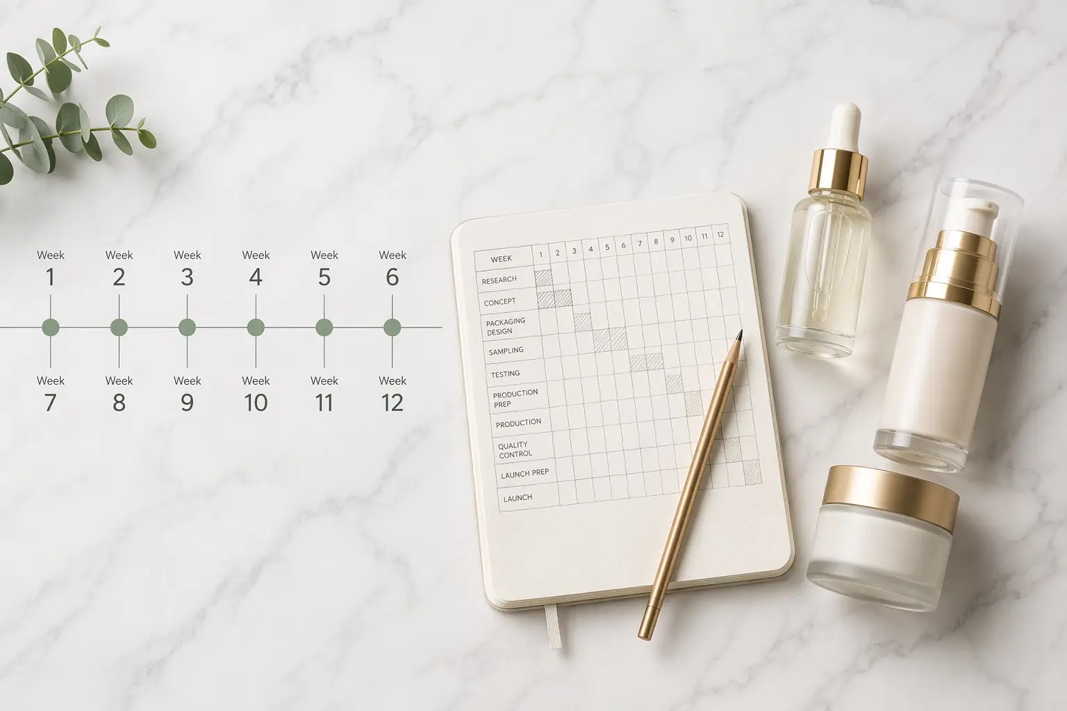 Cosmetic packaging development timeline showing 12-week project roadmap from briefing to delivery for beauty brands
