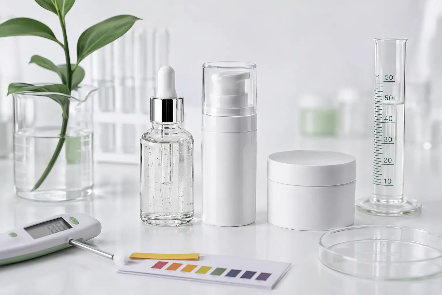 Cosmetic packaging compatibility testing setup — glass serum bottle, airless pump, and cream jar with laboratory testing props on white surface