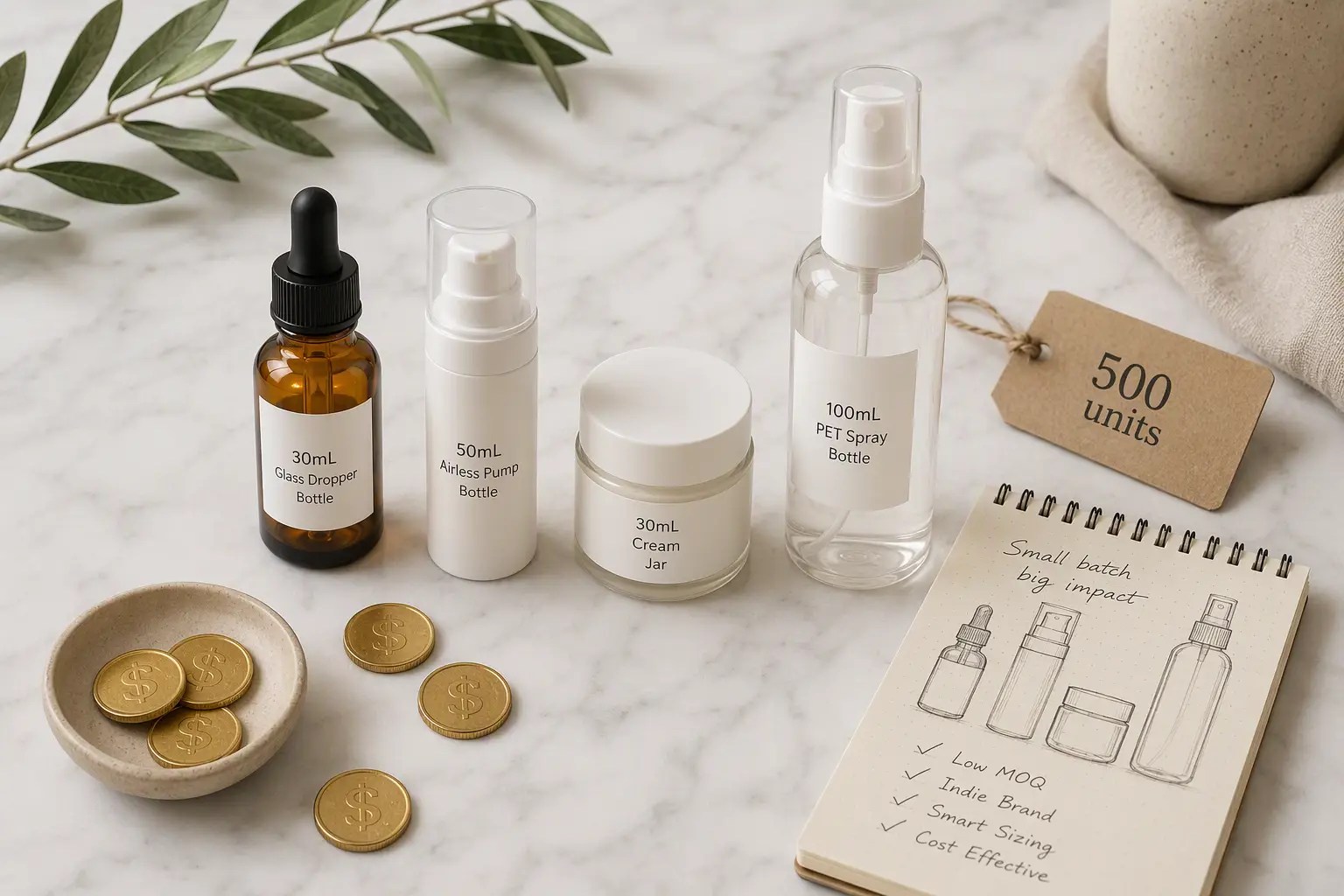Small batch cosmetic packaging flat-lay — amber dropper bottle, airless pump, cream jar, and spray bottle with 500 units tag on white marble