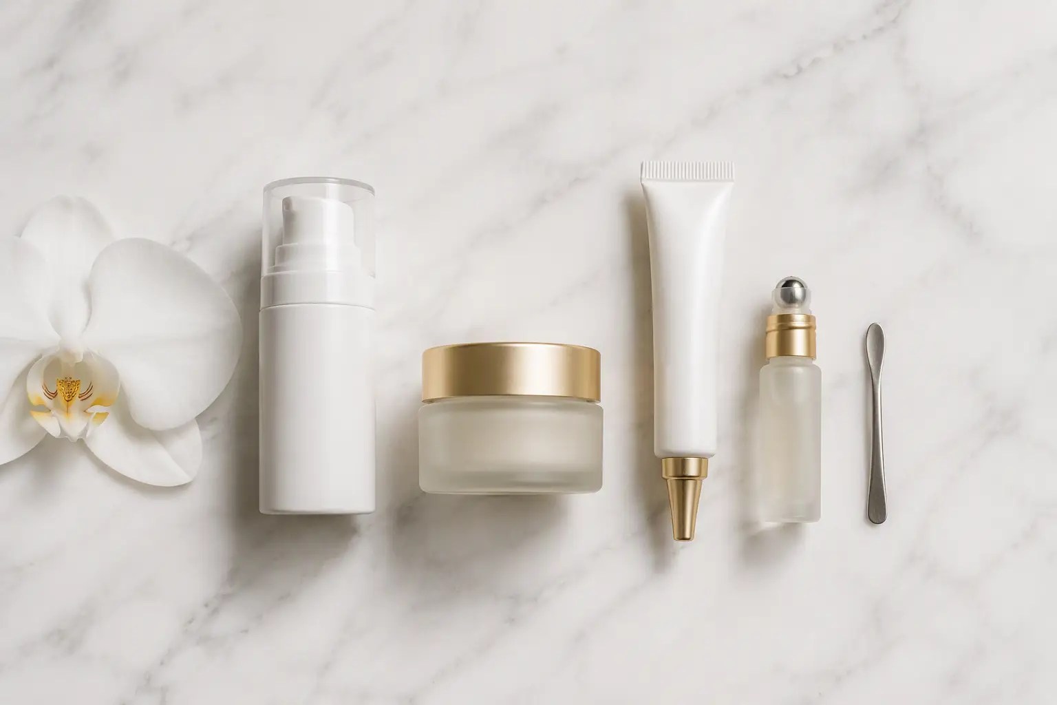 Eye cream packaging flat-lay — airless pump bottle, frosted glass jar, precision tip tube, and roller-ball applicator on white marble surface