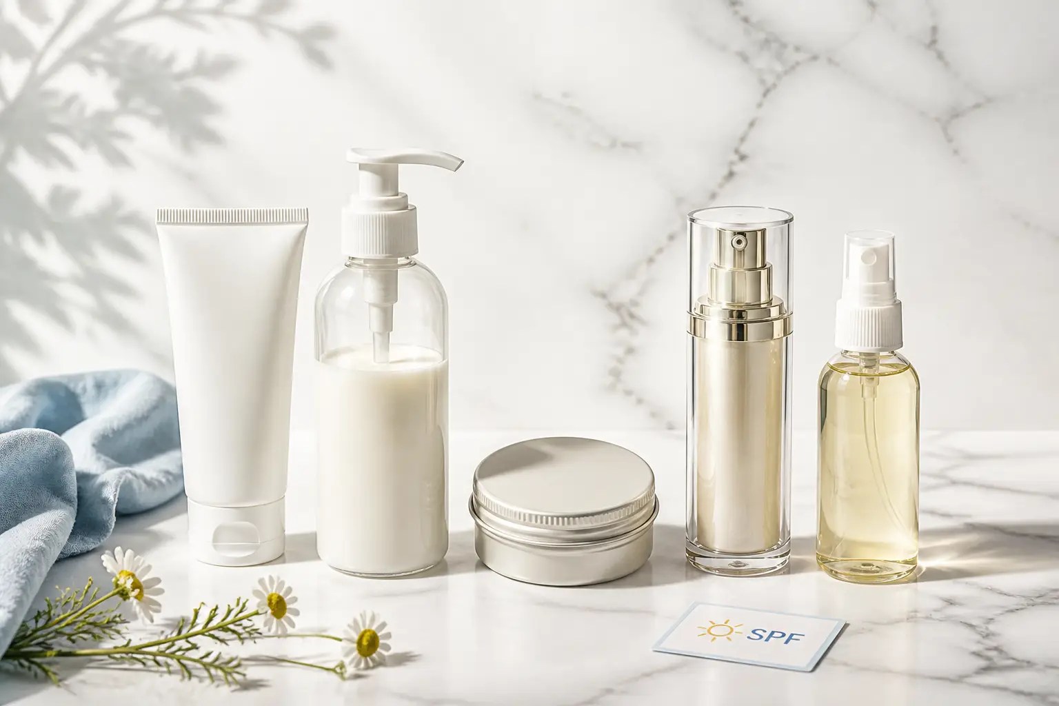 Sunscreen cosmetic packaging flat-lay — squeeze tube, lotion pump bottle, compact tin, airless pump, and spray bottle on white marble surface