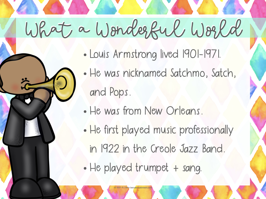 6 ways to teach what a wonderful world. This is a jazz lesson best for second and third grade elementary music lessons. Perfect for Black History Month or Jazz month. Becca's Music Room.