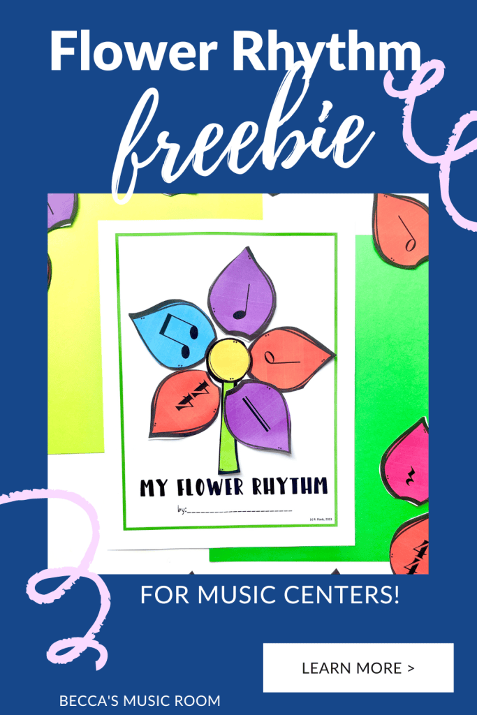Have fun in music class with this free flower rhythm centers activity for spring! Use as a craft, music bulletin board, or centers lesson for rhythm. Perfect for teaching during testing, in the teachers' classrooms, or around spring break. Free music lesson from Becca's Music Room