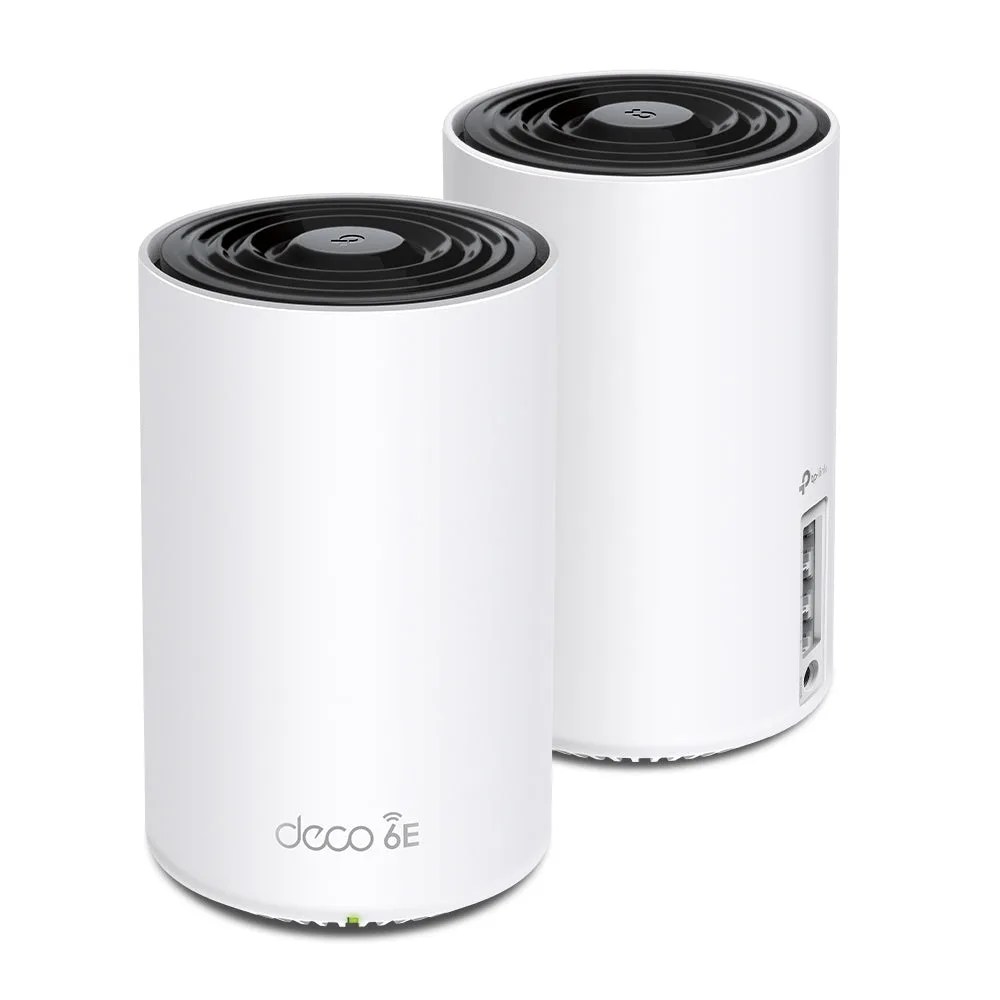 Two TP-Link Deco XE75 WiFi 6E mesh units in white