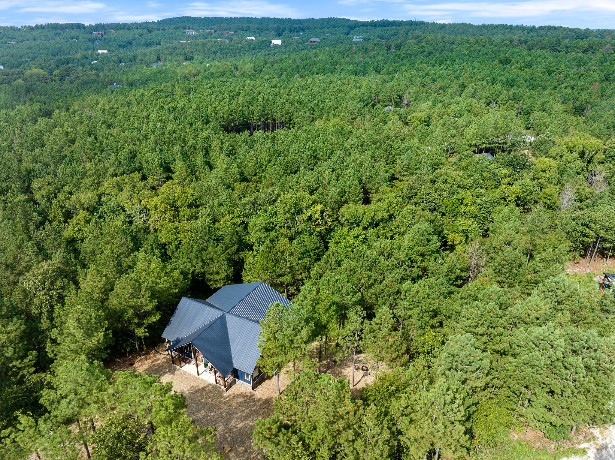 Aerial view of Beds, Boating & Beyond cabin surrounded by pine forest in Hochatown