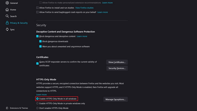 Включить режим только HTTPS в Firefox