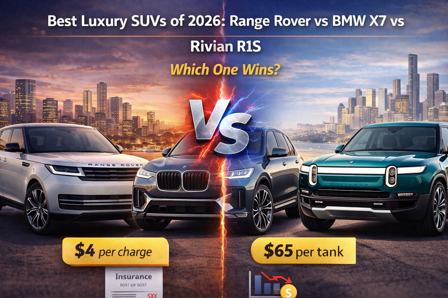 Range Rover, BMW X7, and Rivian R1S luxury SUVs compared side by side for 2026 buyers