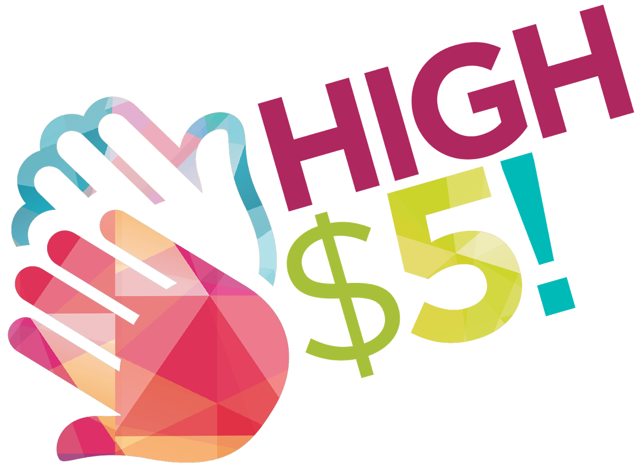 Colorful high $5 graphic with two hands clapping