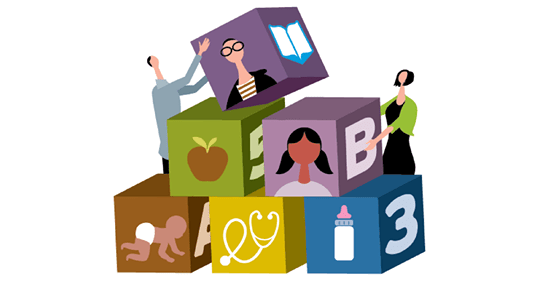 Graphic of parent building blocks with a man and woman stocking colorful blocks that have letters, shapes, and numbers