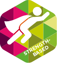 Pink and green shape with a white superhero icon on it with white text that says "strength-based"
