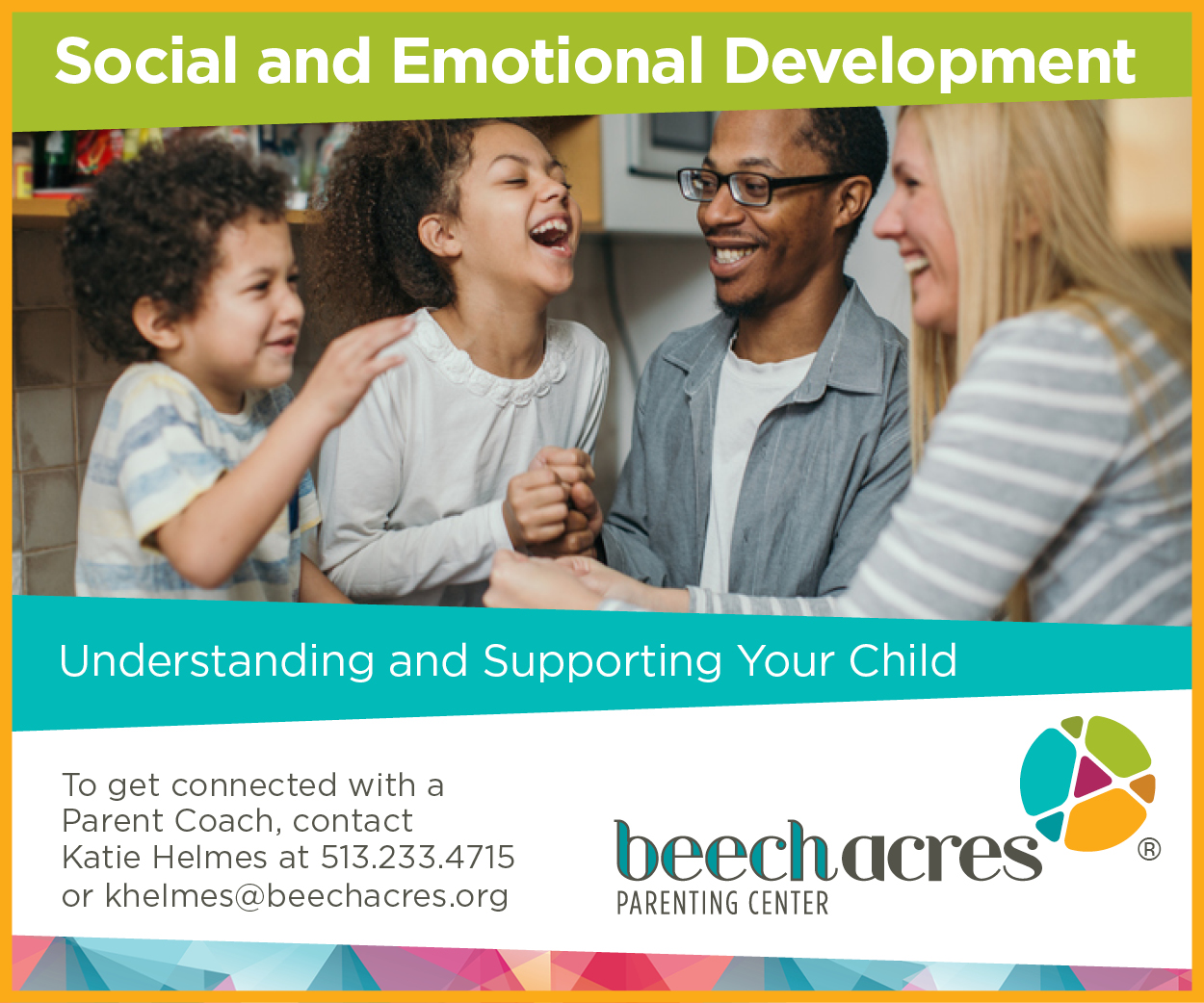 Social and Emotional Development flyer with a photo of two parents laughing with their two kids