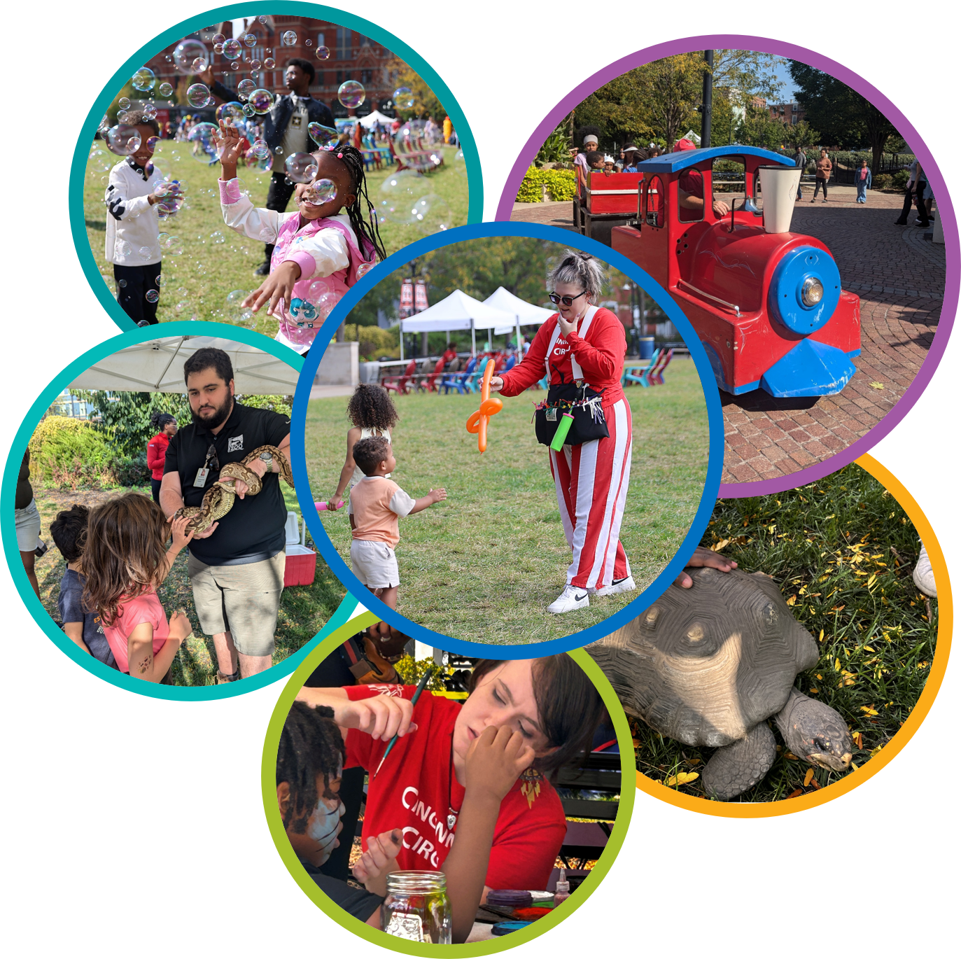 a ring of photos depiciting fun flok activities