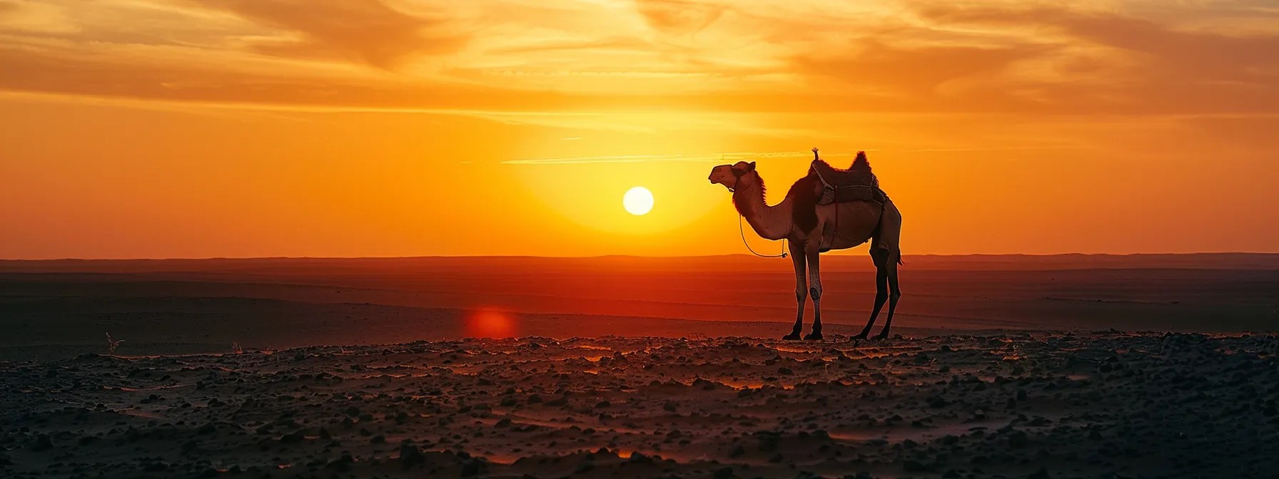 a serene sunset over a vast desert landscape, with a lone camel silhouetted in the distance.