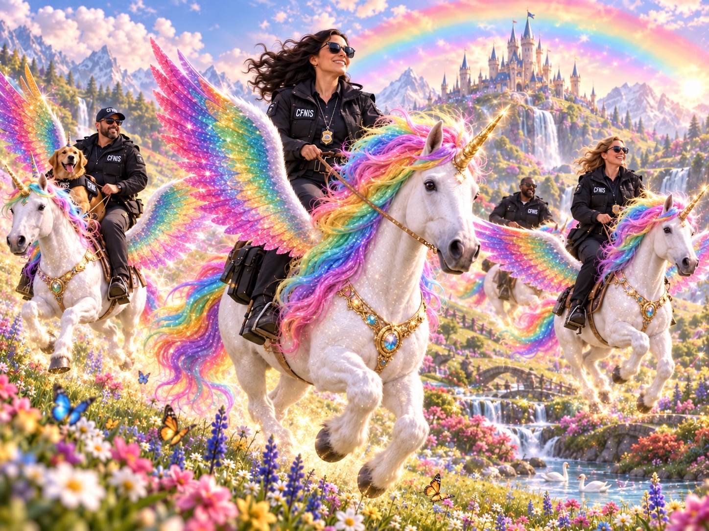 This is an image showing four CFNIS investigators riding around on magical flying unicorns in a field of dreams and make believe.
