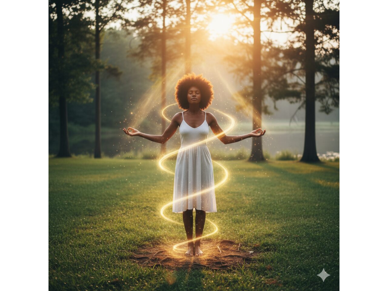 Uma pessoa de pé, descalça, no centro de um campo verde e vibrante de grama orvalhada, ao nascer ou pôr do sol. A energia sutil da Terra é visível como uma luz suave, de cor verde-clara ou branca, que se eleva do solo e envolve a pessoa, subindo pelos pés e pernas. A imagem transmite uma profunda sensação de paz, conexão, e o ato de 'grounding' ou 'earthing', simbolizando o recarregamento natural do corpo com a energia da Terra.