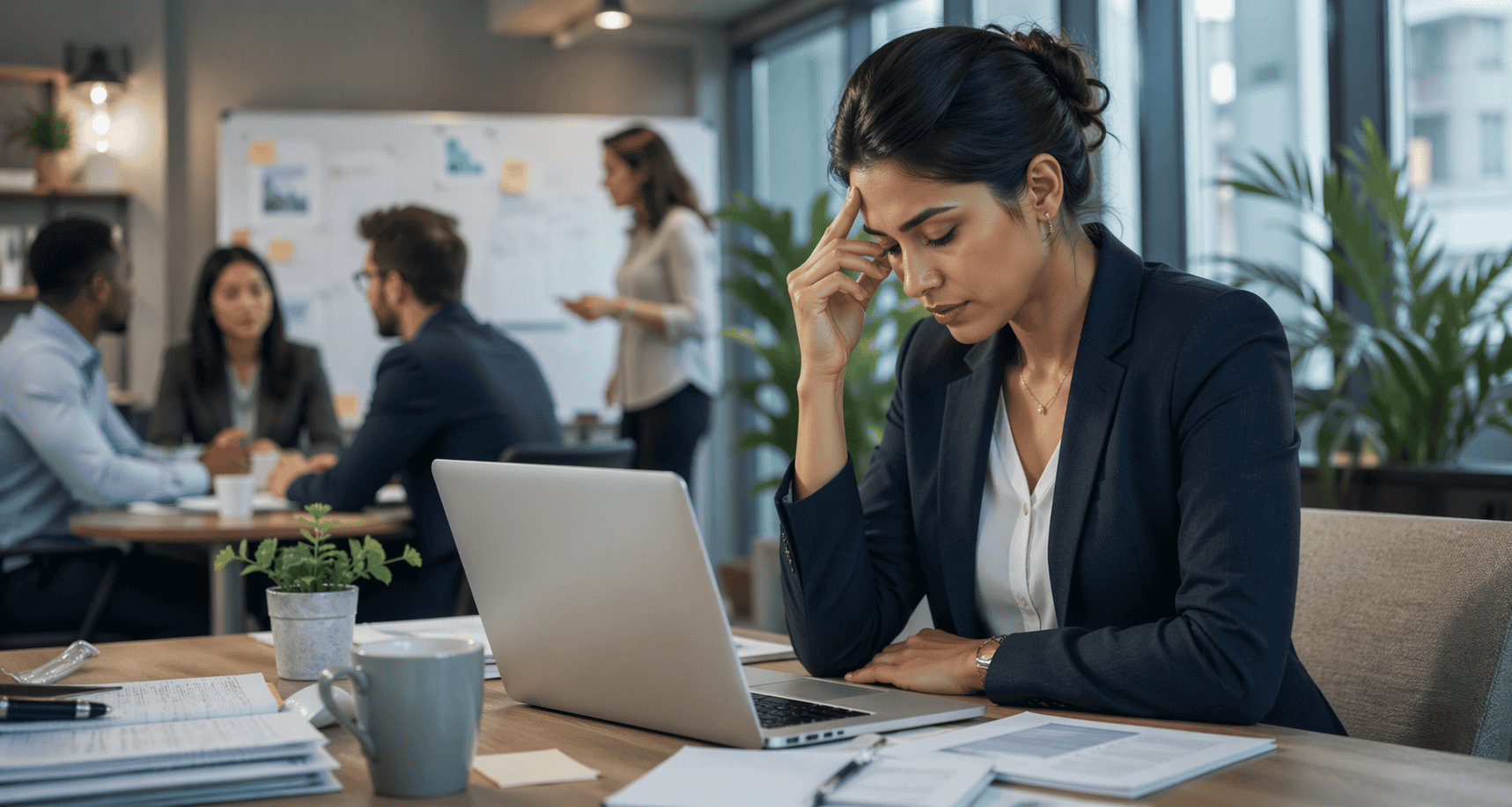 Professional in a workplace setting managing stress during the workday, representing the link between employee wellbeing and workplace performance.