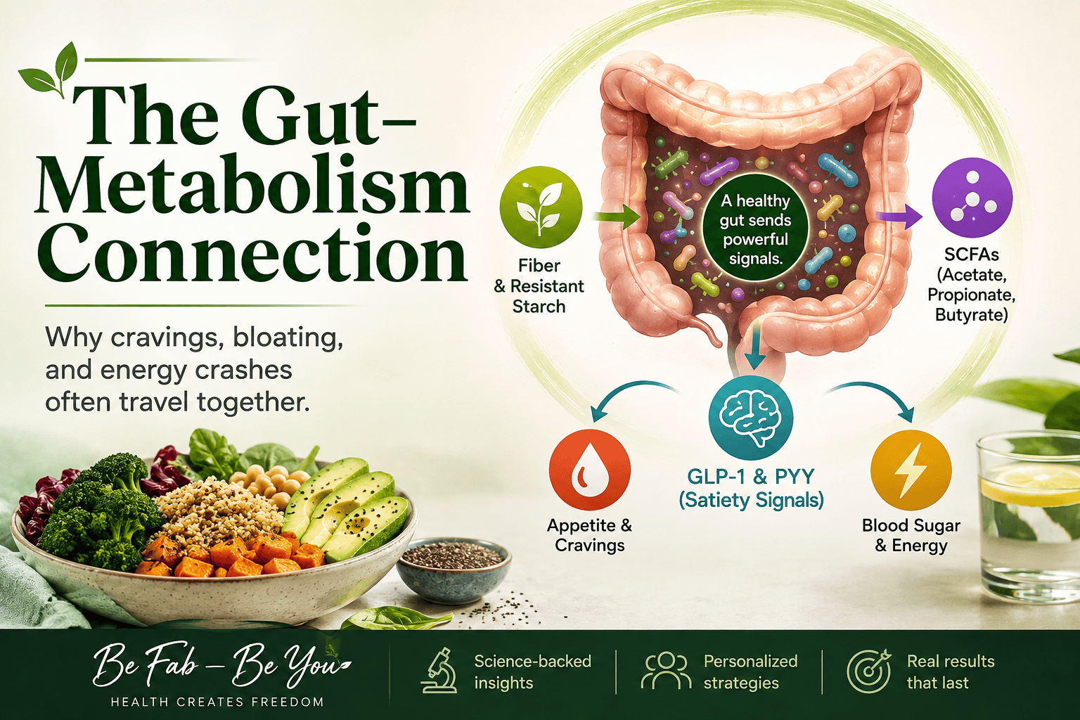 Diagram showing the gut-metabolism connection between fiber, gut bacteria, SCFAs, GLP-1, PYY, appetite, blood sugar, and energy.