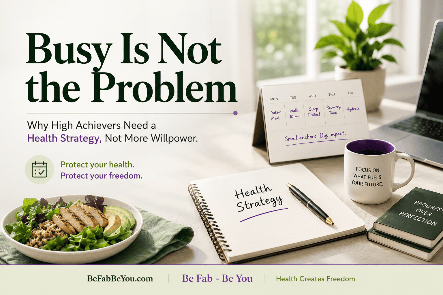 Feature image showing a health strategy workspace for busy professionals with a planner, protein meal, laptop, and wellness anchors for energy and performance.