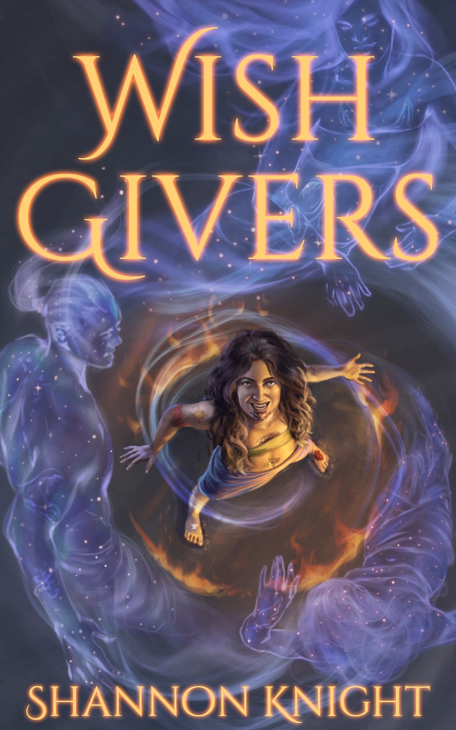 Cover of Shannon Knight's Wish Givers. A woman dressed in a simple cut-off wrap of fabric and a plain kilt looks up at the viewer from the centre of the page, her arms spread as blue-ish purple magic in the shape of ghosts swirls around her. It gives the impression of a summoning circle. The woman has brown skin and long, slightly wavy brown hair. She has an intense, almost viciously gleeful expression on her face. The title and author name glow orange.