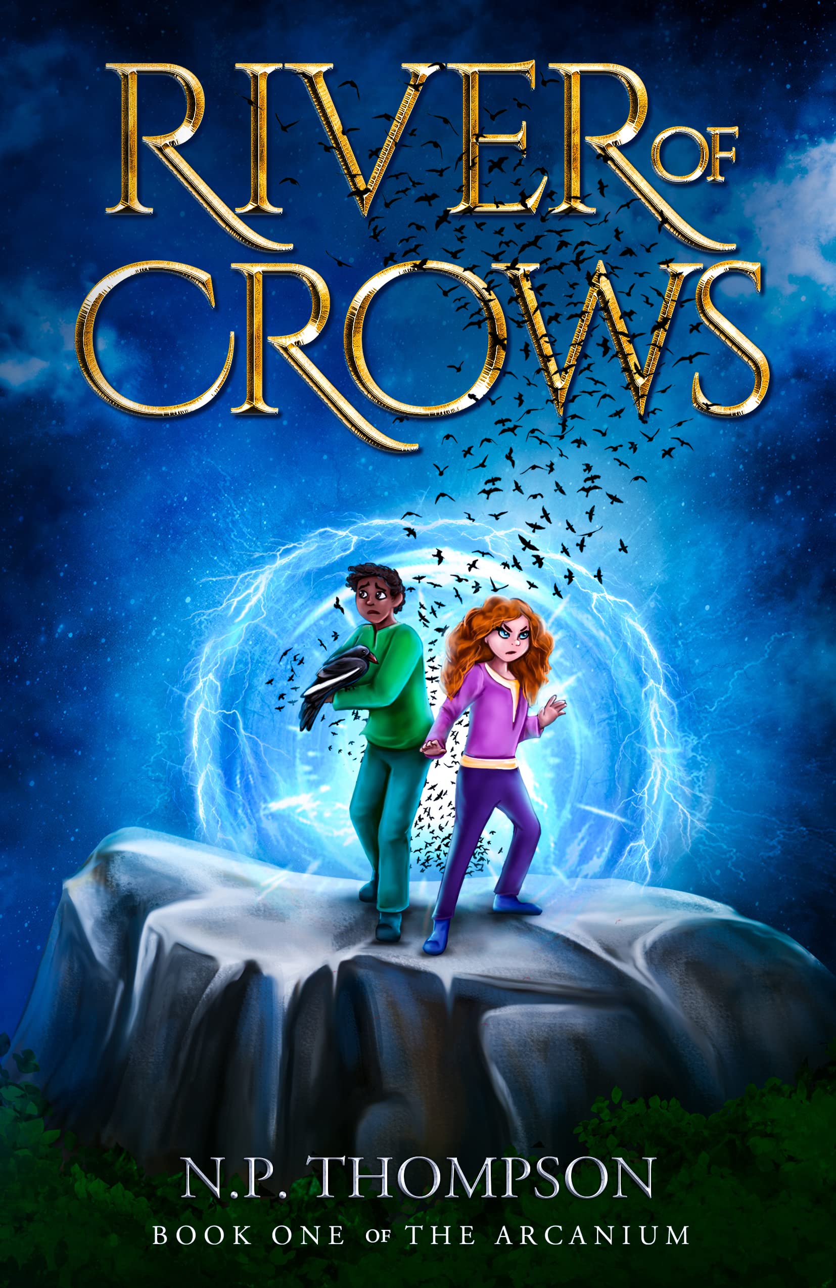 Cover of N. P. Thompson's River of Crows. The cover is illustrated in an appealing, three-dimensional cartoon style. Two children stand in the centre of a rocky plateau as crows fly behind them and a magic bubble encircles them. A redheaded white girl in a purple shirt and jeans stands to the right and a black boy in a green sweater and jeans stands to the left. They both look ready to defend themselves. A glowing blue background hangs behind them.