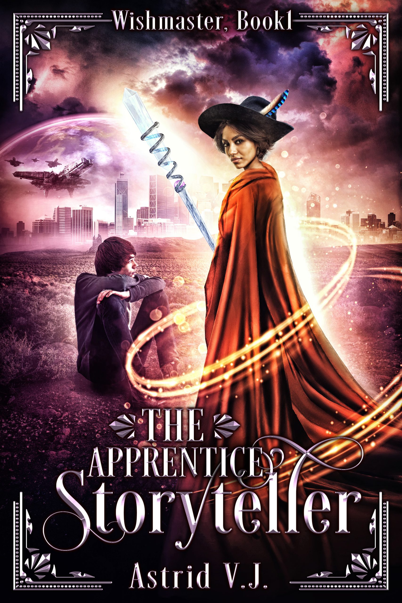 Cover of Astrid V. J.'s The Apprentice Storyteller, Wishmaster Book 1. A brown woman in a long red wizard's cloak stands on the cover looking out at the reader while standing side-on. Orange magic spirals around her and she holds a very large spiral wand in her hand. A young white teenager sits on the earth in the background, staring off his left into the distance. Behind them both is a modern cityscape, obscured by a mauve filter. There's a celestial sky above the city. Filigree decorates each of the book's corners.