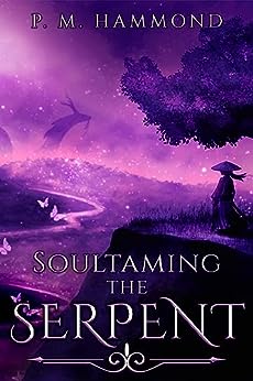 Cover of Tar Atore's Soultaming the Serpent. The cover is illustrated digitally in purple tones and features a person standing beneath a tree and watching a dragon that's partly shrouded by mist or smoke. There are pale purple butterflies flying along a winding river.